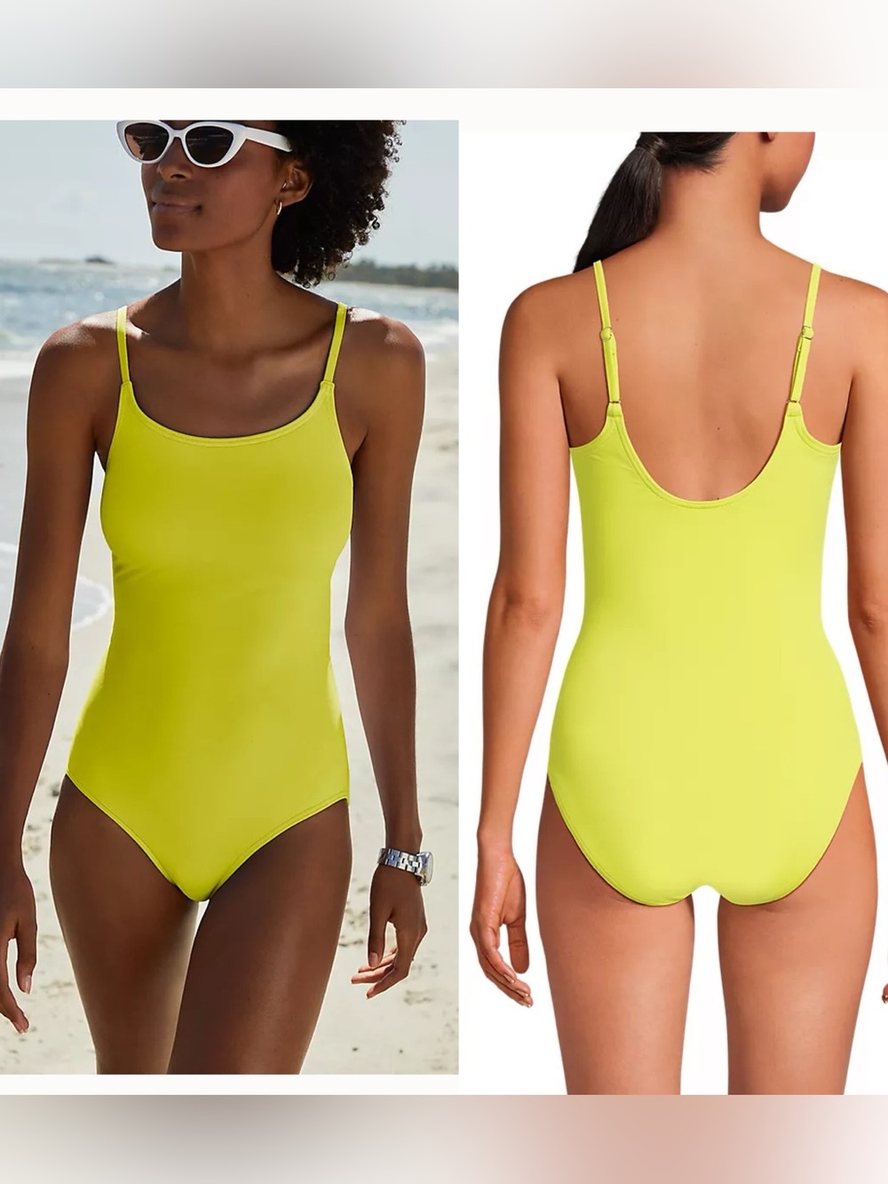 NEW Lands End Tugless Thin Strap One Piece Swimsuit Size 2 Neon Lime Yellow NWT